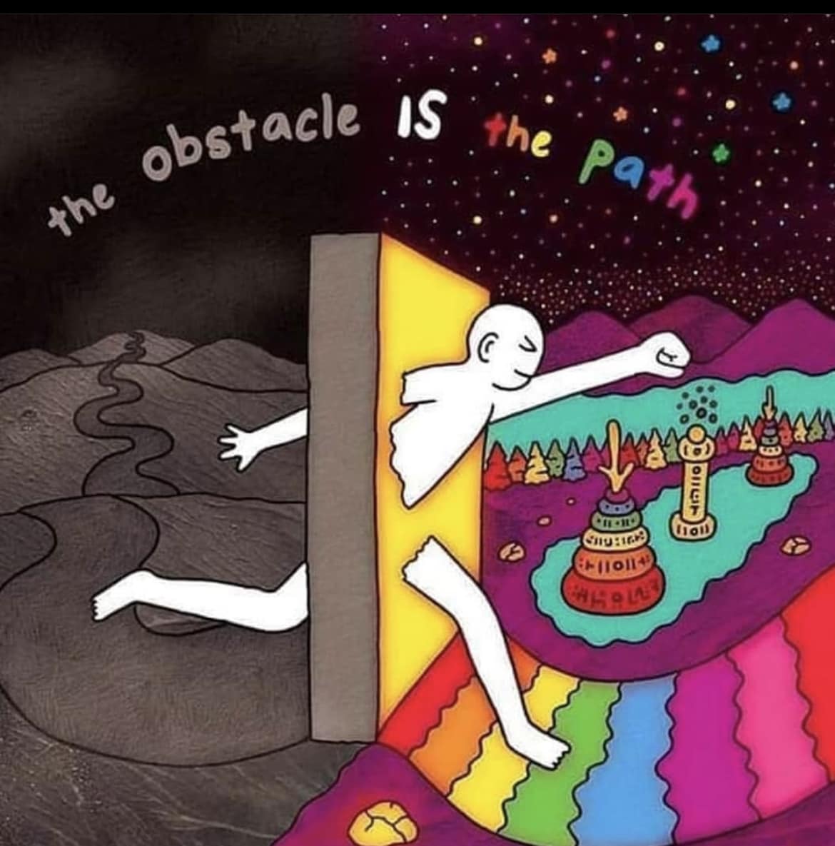 This meme is a play on the phrase "the road is the destination" from the 1980s song "The Road is Life" by Phil Collins. The image shows a person walking through a door that is labeled "the road" and entering a fantastical landscape filled with obstacles and challenges. The text "the road is the destination" is written above the door, but the person is actually walking through a door that says "the obstacle is the path" - a phrase that is a more accurate interpretation of the original song's message.